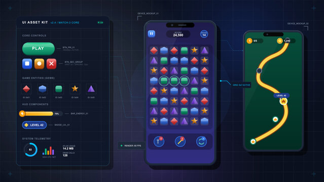 Dark mobile game UI asset kit with play controls, gem icons, match-three puzzle phone screen, winding level map and telemetry panels on grid.