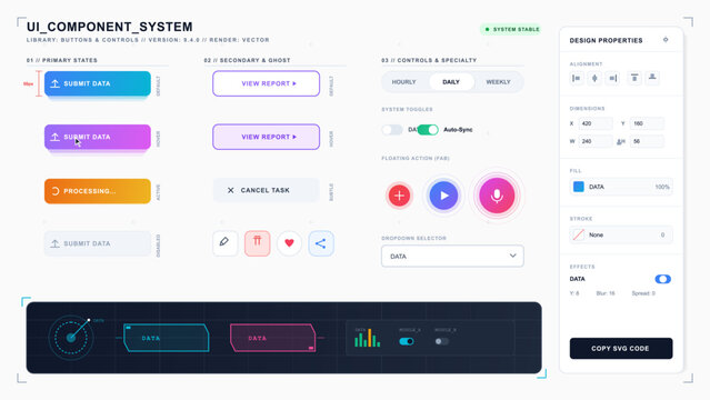 Modern UI component system vector layout with buttons, toggles, tabs, icons, dropdown selector and design properties panel on light background