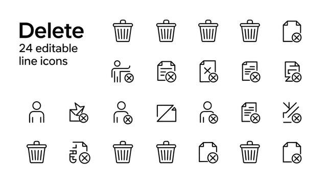 Set of 24 editable delete line icons with crossed out symbols for design projects