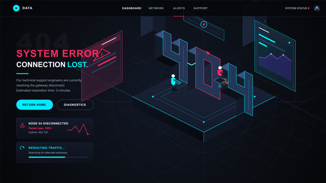 Dark futuristic 404 system error landing page with connection lost alert, isometric gateway scene, diagnostic cards and neon interface panels