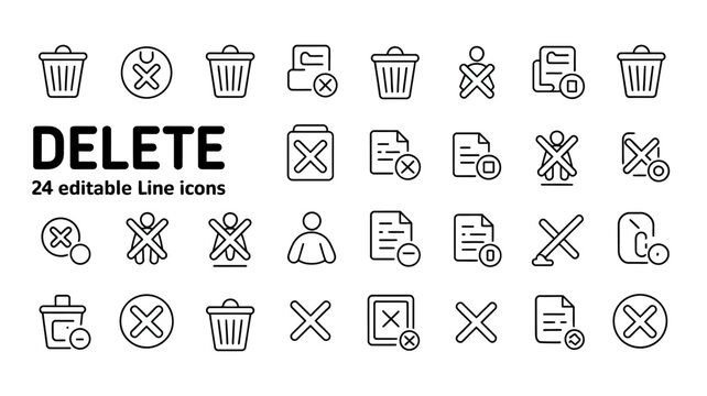 Set of 24 editable line icons for delete, remove, and cancel actions