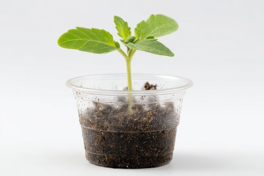Young plant seedling growing in clear plastic pot daylight