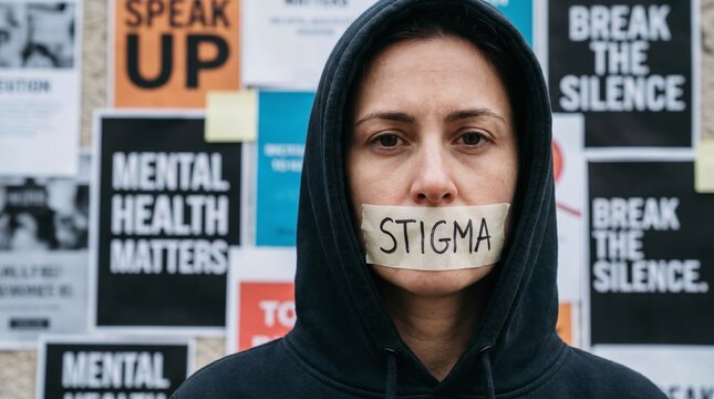 Close-up portrait of a hooded woman with her mouth taped with the word "Stigma" in front of a wall with mental health support slogans in the background.