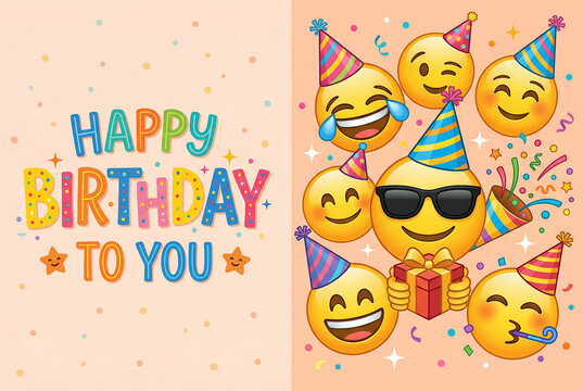 Happy birthday to you, emojis with party hats, sunglasses, gift, and confetti, cheerful celebration pop card background.