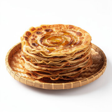 Malabar Parotha on Bamboo Plate Isolated on White Background Square Composition Studio Shot