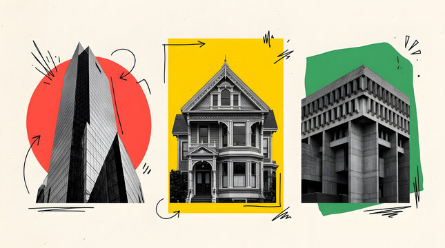 Evolution of Architecture Collage | Modern Glass Skyscraper Victorian House and Brutalist Building | Creative Architectural Design Concept with Colorful Abstract Shapes and Doodles | Urban Housing