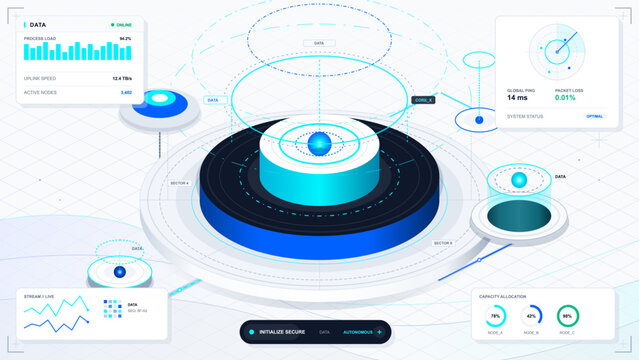 Clean isometric data platform dashboard with central holographic core, cyan rings, analytics panels, node gauges and light grid background