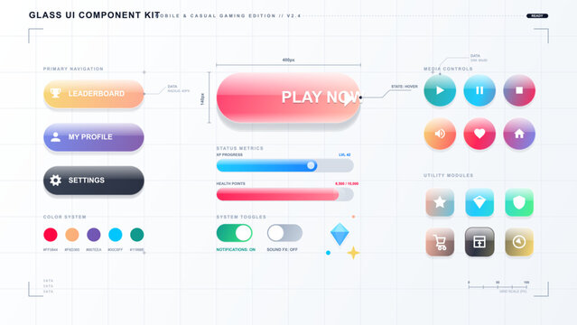 Glossy glassmorphism mobile game UI kit with gradient buttons, media icons, toggles, progress bars, color swatches on grid background layout