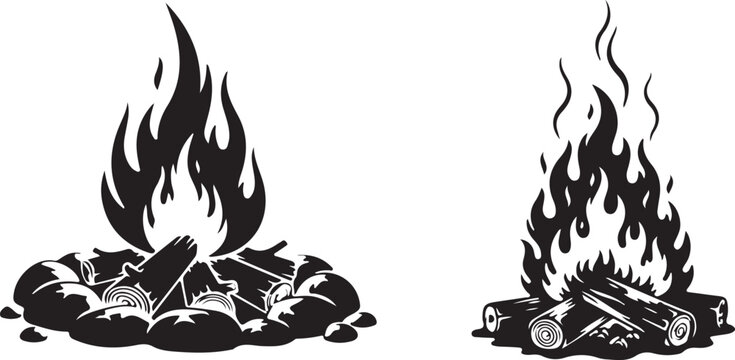 Two different bonfire campfire designs with burning wood logs isolated on white background.