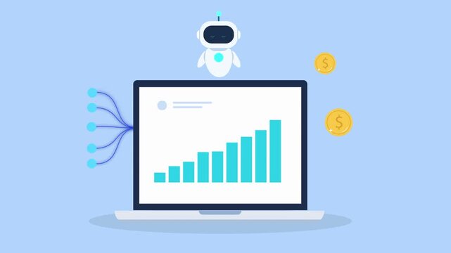 Animated laptop displaying rising data chart connected to cloud system with floating coin icons, representing financial growth, business analytics, and digital profit tracking.