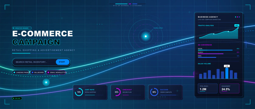 Neon e-commerce campaign dashboard with glowing data streams, search bar, analytics panel, charts and marketing metrics on dark grid background