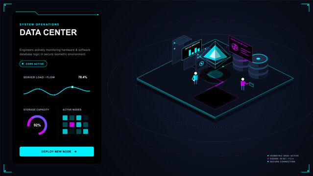 Isometric data center operations dashboard with neon server platform, monitoring panel, charts, storage gauge, active nodes and engineers on dark UI