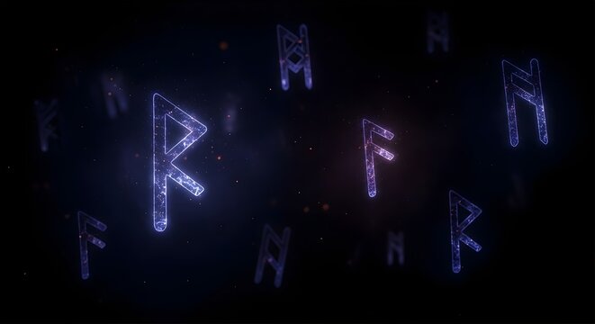 Glowing mystical runes floating in a dark space with neon light effects, creating a magical and futuristic abstract background.