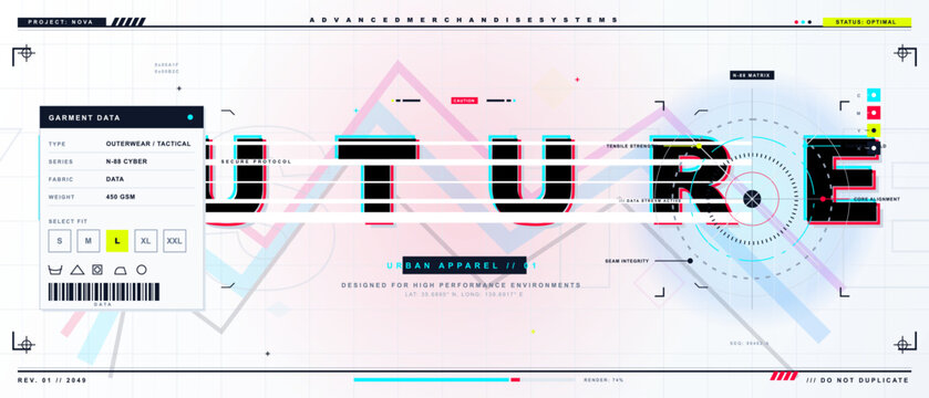 Futuristic apparel merchandise system layout with bold future typography, garment data panel, size selector, barcode and HUD graphics on grid