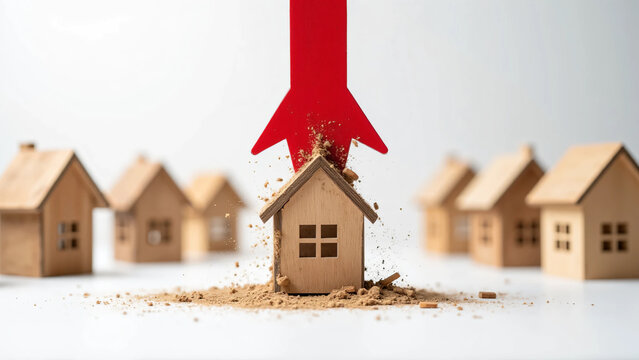 Dramatic housing market crisis concept with jagged red arrow crushing wooden house model on rustic surface symbolizing financial collapse instability and economic pressure in real estate sector
