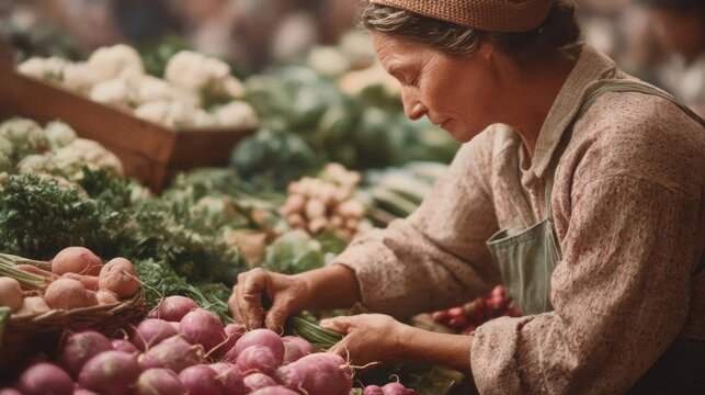 Elderly woman wearing a straw hat and apron, working at a market stall. she is holding a bunch of radishes in her hands and appears to be sorting through them.