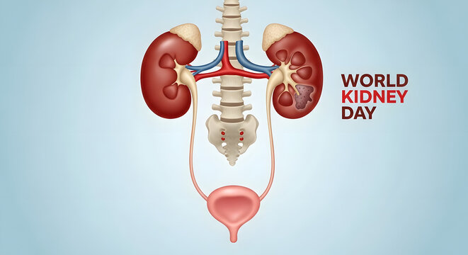 An anatomical illustration of the human urinary system on World Kidney Day highlighting the kidneys and their functions