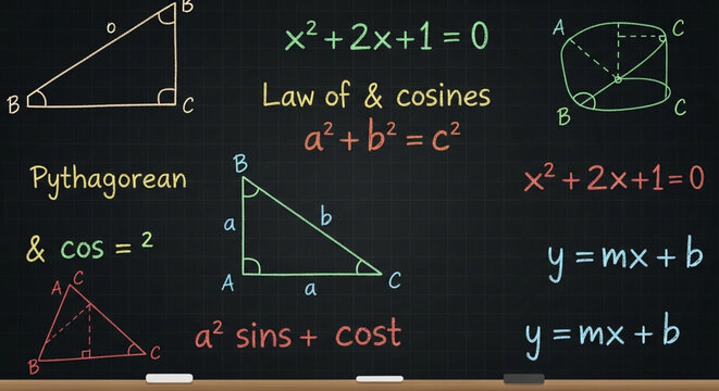 Math formulas and geometry shapes with triangles and equations on blackboard