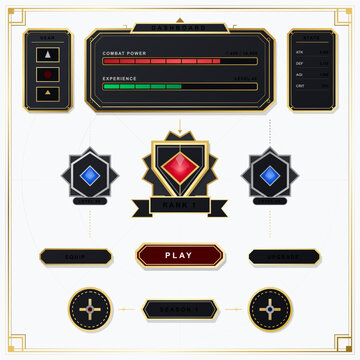 Fantasy game dashboard interface with black and gold panels, rank emblem, combat progress bars, stats, gear slots and play buttons on pale grid