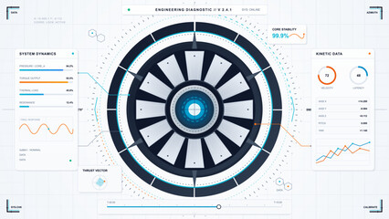 Engineering diagnostic dashboard with central turbine rotor, circular HUD rings, system dynamics bars, kinetic data gauges and charts on a light grid © Антон Сальников