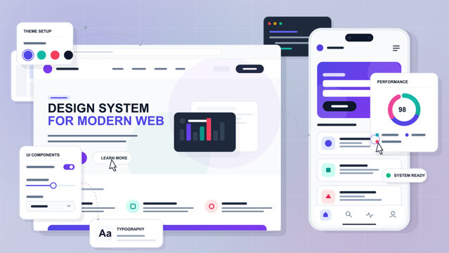 Modern web design system interface with landing page mockup, mobile app screen, UI components, theme palette and performance widgets on light grid