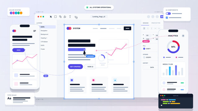 Modern UI design workspace with landing page mockup, mobile app screens, analytics widgets, color system, components and code panel on light grid