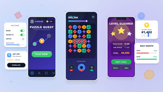 Mobile puzzle game interface set with match tiles, play screen, level cleared results, settings controls, ranking card and quest progress widgets