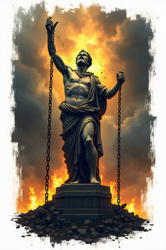 Statue of a powerful figure holding chains in a dramatic sunset background