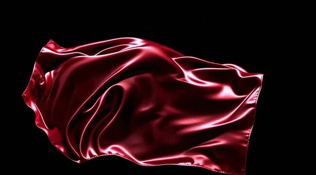 Slow motion macro of deep red silk fabric being released and unfurling in zero-gravity style, with every thread and light reflection visible. 