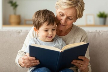 Fototapeta premium Grandmother reading book with grandson on living room sofa
