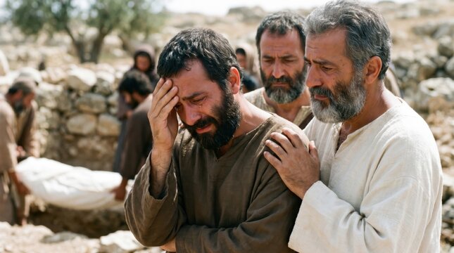 Devout men burying Stephen and mourning his death. Scene illustrating Acts 8 verse 2 from the Bible. Biblical figures in ancient desert costume expressing deep grief and funeral sorrow.