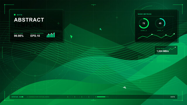 Green abstract technology template with flowing wave lines, translucent polygon layers, node metrics panels and futuristic HUD on dark grid