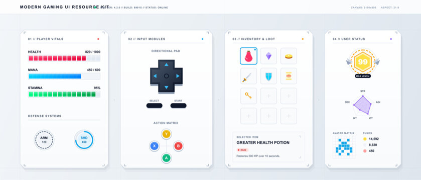 Modern gaming UI resource kit with player vitals bars, directional controls, inventory grid, status badge, stats chart and clean panels