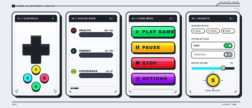 Colorful game UI kit with controller buttons, health and energy bars, menu buttons, toggles, volume slider and rank badge on outlined panels