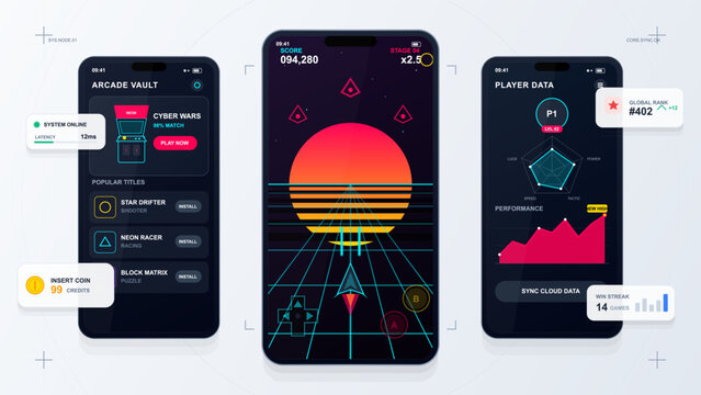 Mobile arcade game UI kit with three smartphone screens, neon space shooter gameplay, player data charts and floating status cards on tech background