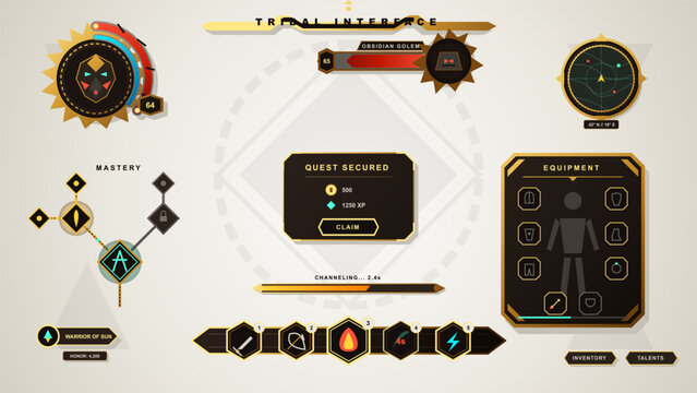 Futuristic fantasy game HUD with quest reward panel, equipment inventory, skill tree, radar map, progress bars and gold geometric icons