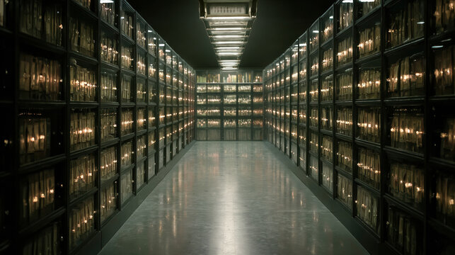 Modern data center server room corridor with illuminated racks symmetrical perspective cinematic interior background