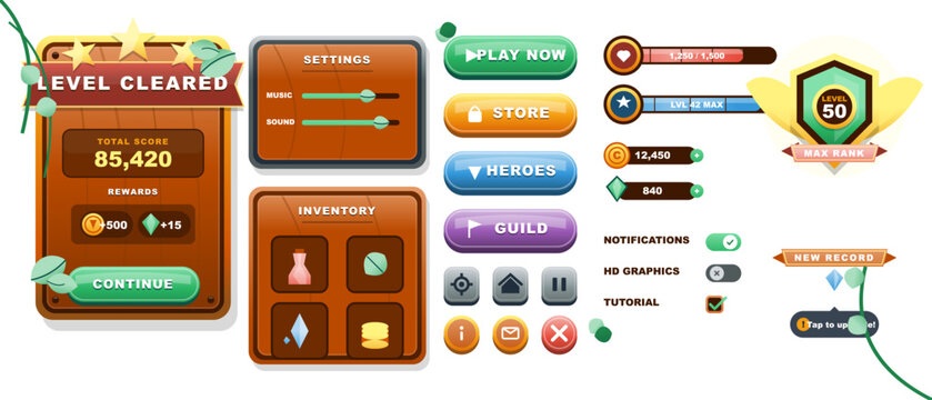 Cartoon fantasy game UI kit with level cleared reward panel, settings sliders, inventory grid, glossy buttons, progress bars and rank badge