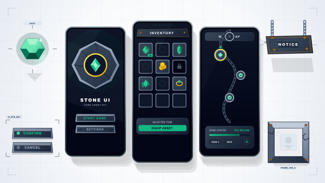 Fantasy mobile game UI kit with inventory and map screens, gem icons, buttons, notice sign, and decorative frame on light grid background