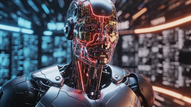 A futuristic robot with exposed circuitry and mechanical components stands in a high-tech laboratory environment.