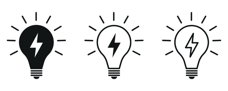 Creative idea light bulb icons with lightning bolts symbolising innovative solutions and electric power