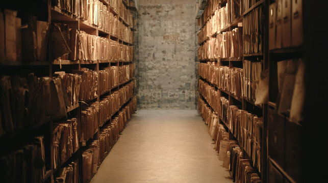 Ancient archive library corridor with old books on wooden shelves perspective view historical interior