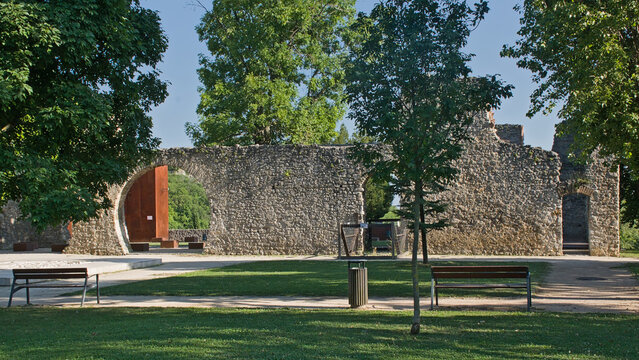 walls of Tettye Ruins, Pecs. Tettye, ruins of a medieaval castle in between trees in Pecs, Hungary 
