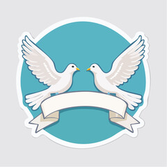 Obraz premium Two white doves with a ribbon banner