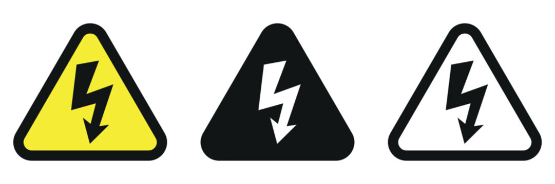 Set of three distinct danger electrical hazard warning signs featuring lightning bolt symbols for safety and caution applications