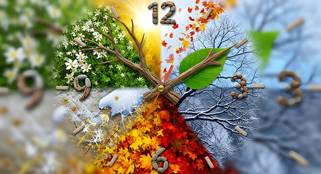 The seasons change rapidly on a tree with clock numbers in background.