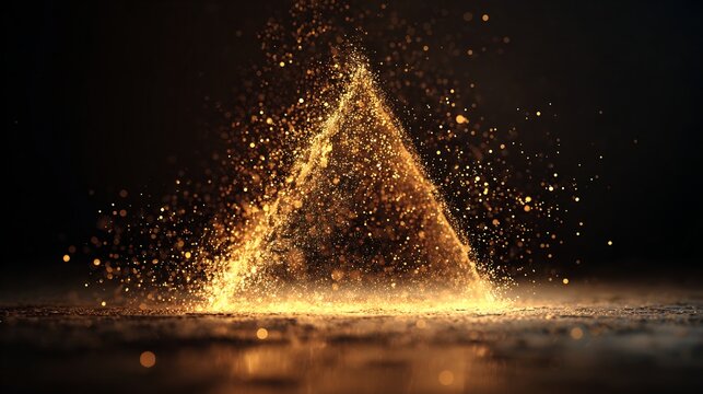 Golden geometric abstraction, a triangle formed by particles and sparks on dark background