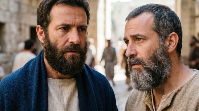 Apostle Paul talking to a disciple in ancient Jerusalem. Men in vintage tunics discussing an escape plan from persecution. Historical biblical scene from Acts of the Apostles, chapter 9.
