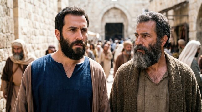 Apostle Paul escaping from Damascus after being smuggled out in a basket. Biblical scene from Acts of the Apostles. Historical religious drama portraying persecution of an early Christian.