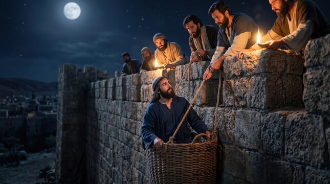 Apostle Paul escaping from Damascus city in basket lowered by rope over high stone wall at night. Biblical scene from Acts of the Apostles. Followers helping man to flee safely.